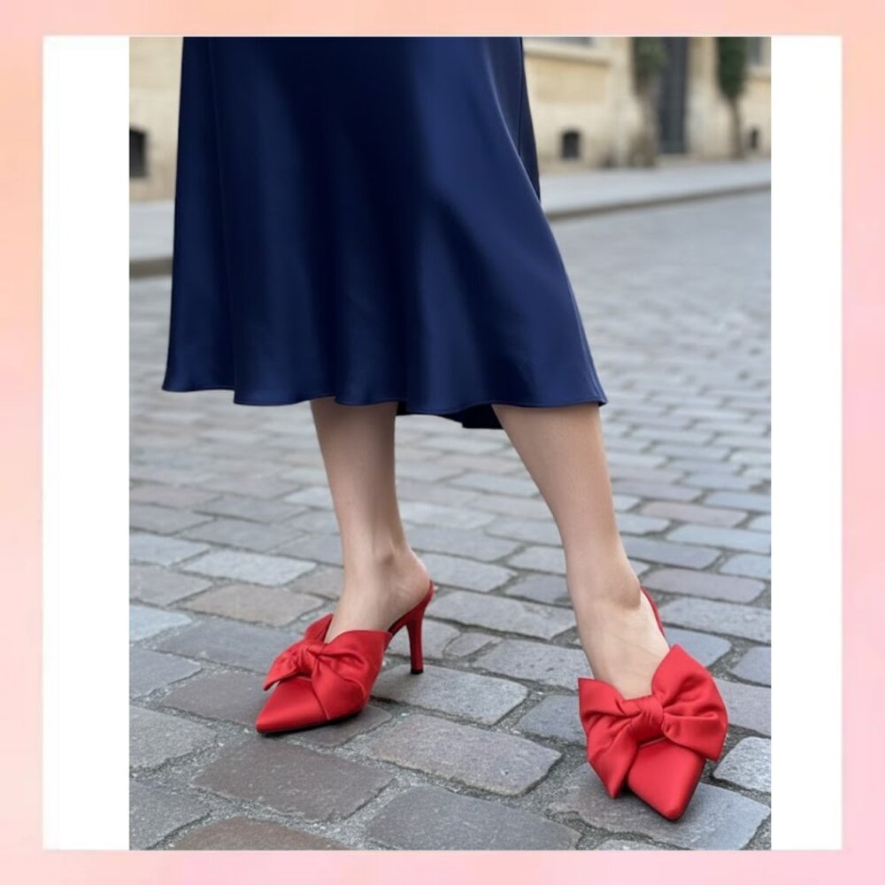 Journee Collection Red Satin Bow Mules - Size 9 Pointed Toe Kitten Heels